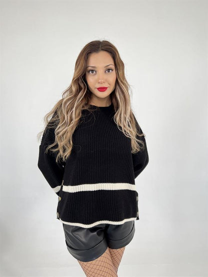 Black knit sweater with button closure